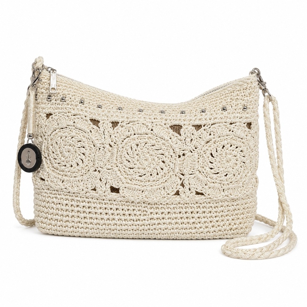 The Sak Boho Cream Crochet Shoulder Bag Studded Floral Woven Glitter Handbag